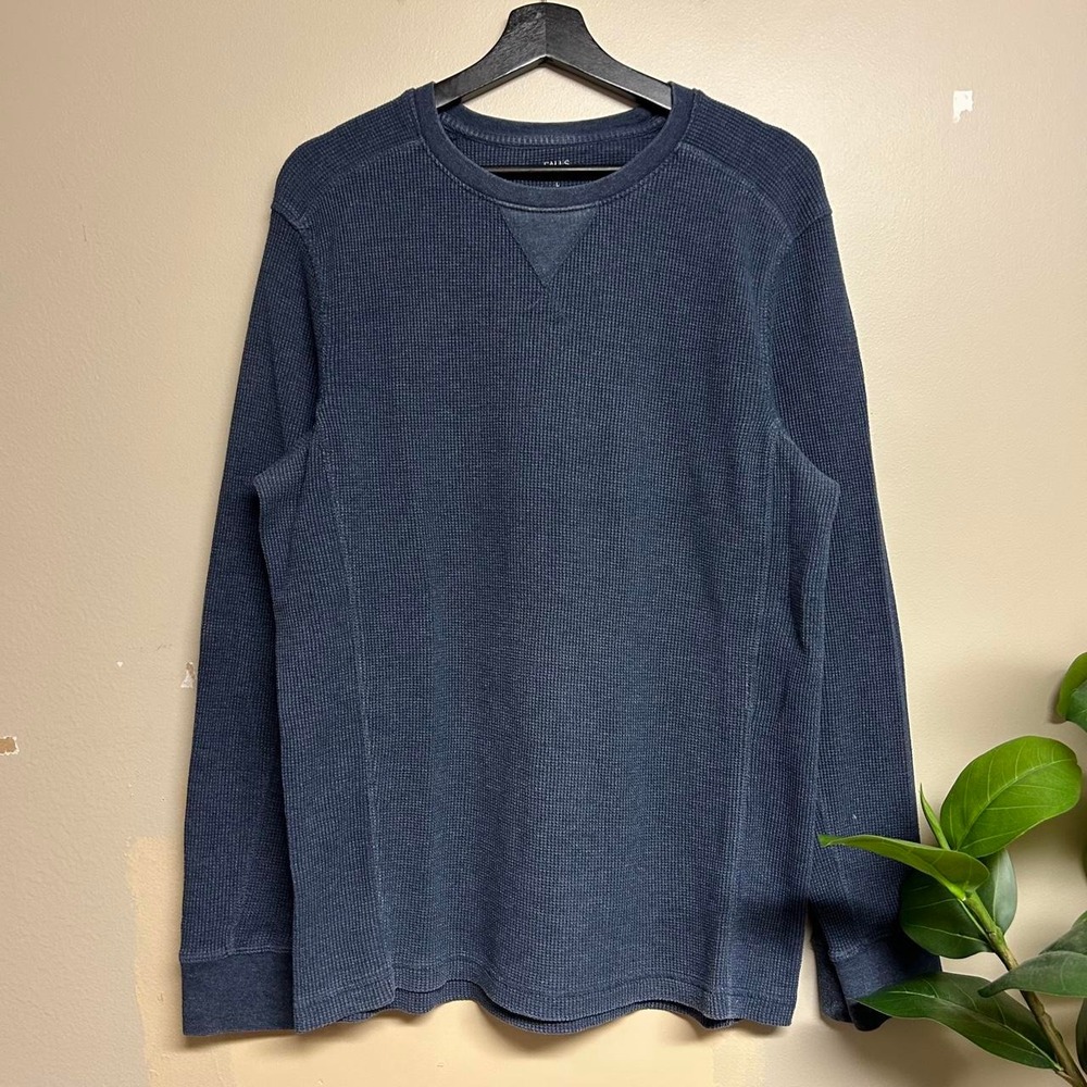 Falls Creek Mens Navy Heavyweight Waffle Knit Thermal Shirt Y2K Vintage Large